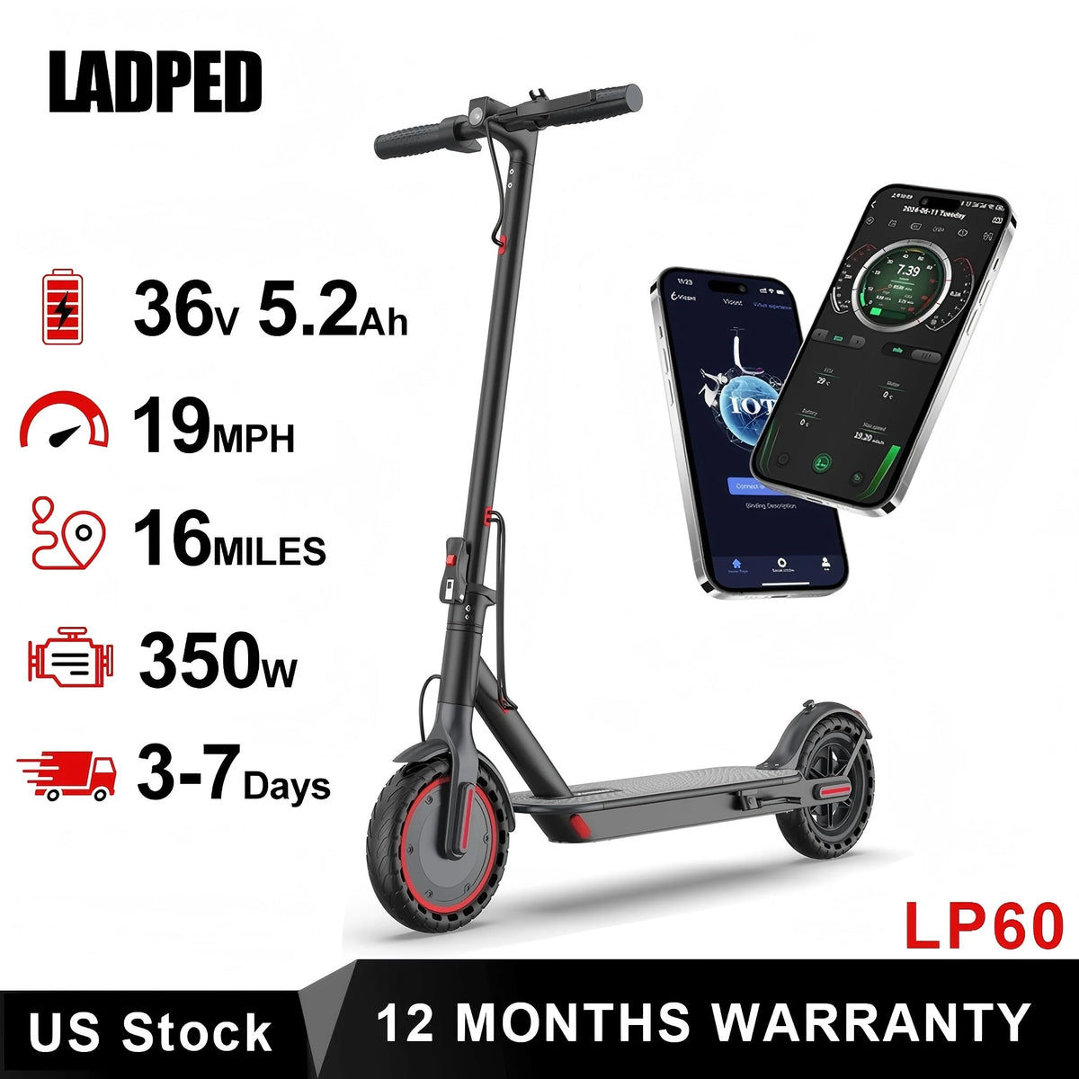 Ladped LP60 Electric Scooter 350W 19MPH Folding 16 Mile Range