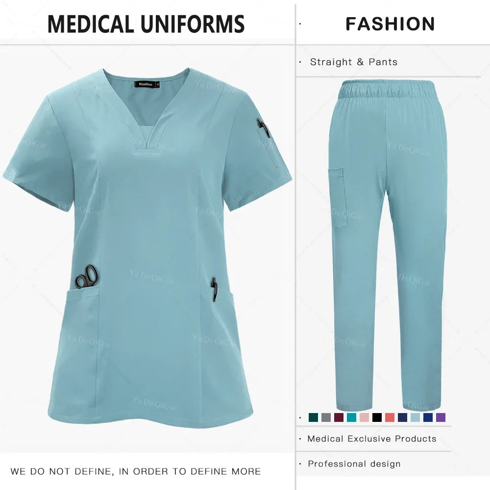 Newest Nursing Clothing Pink Blue Doctor Nurse Uniforms Women Men Scrubs Sets Medical Surgical Tops Pants Beauty Salon Workwear
