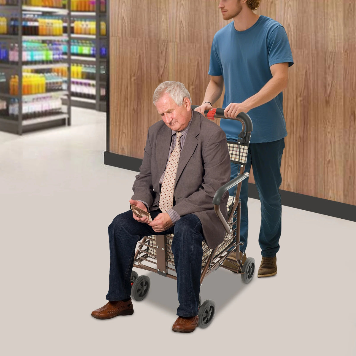 Foldable Rolling Walker with Seat for Seniors Storage Cart for Olders with Seat