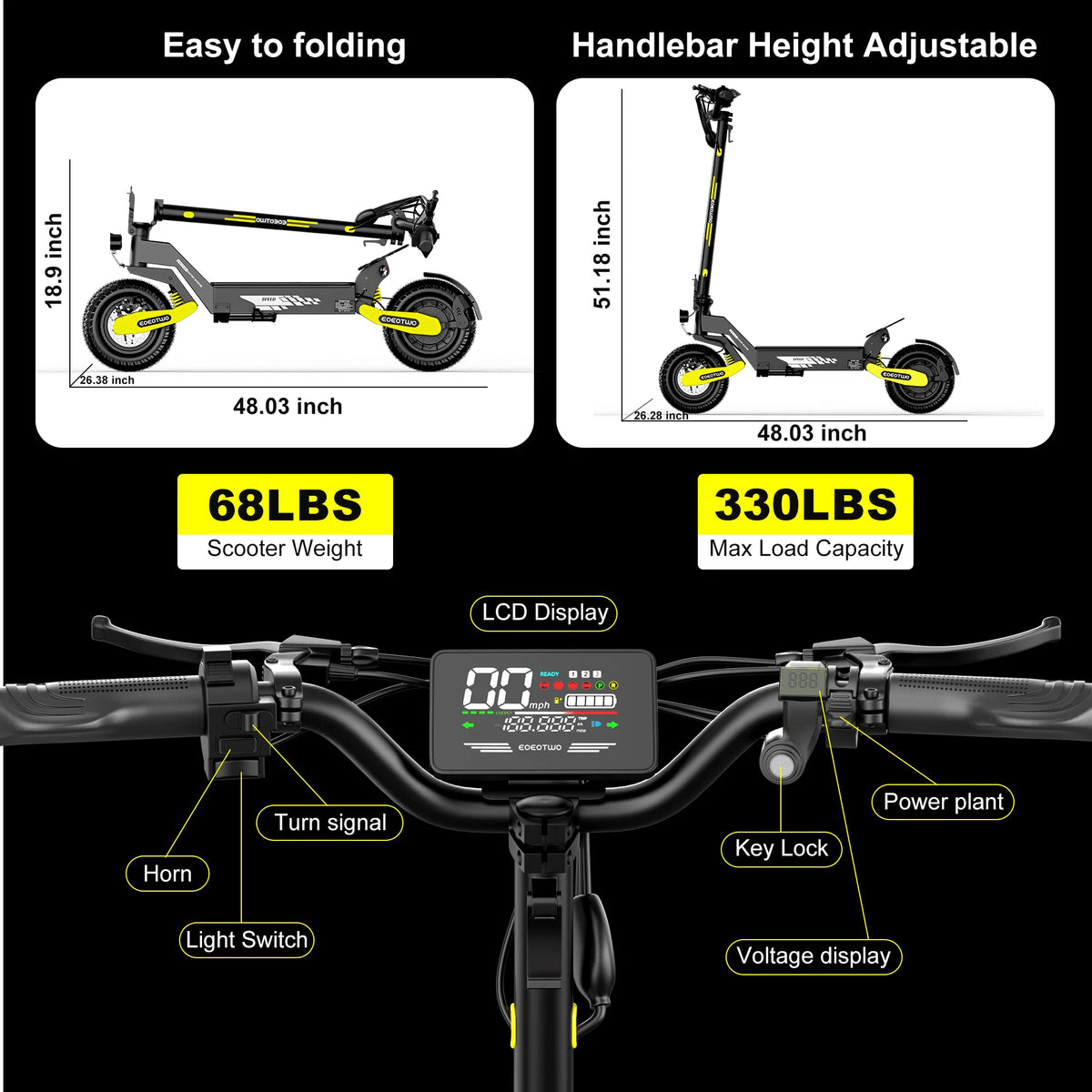 EOEOTWO 1200W Off Road Electric Scooter Foldable For Adults 48V
