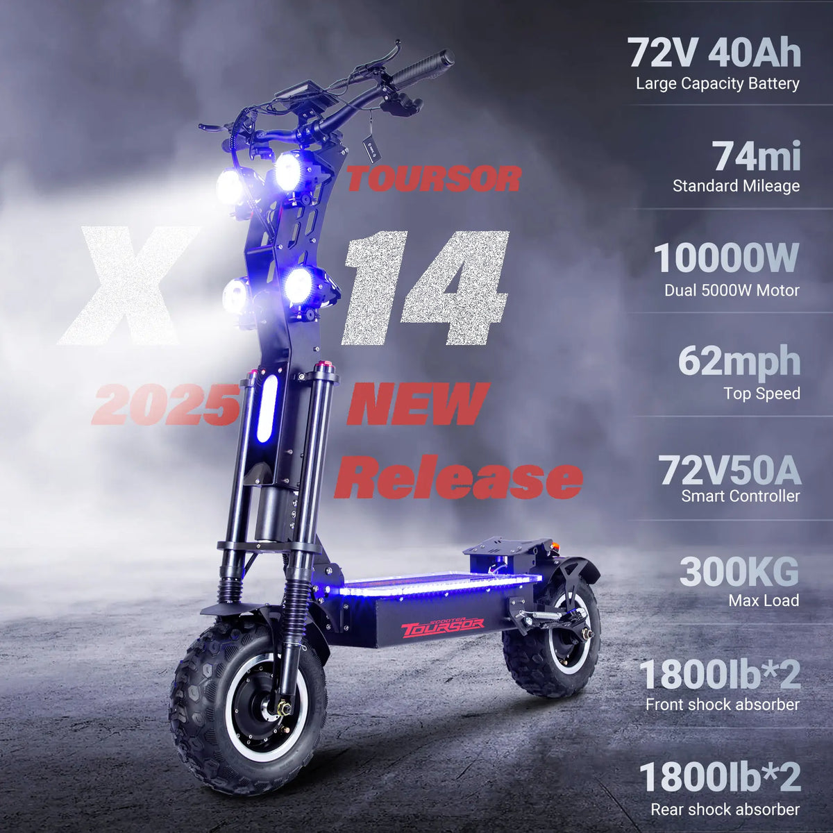 Toursor 10000W Dual Motor Electric Scooter 72V 40Ah LCD Foldable Range 120km