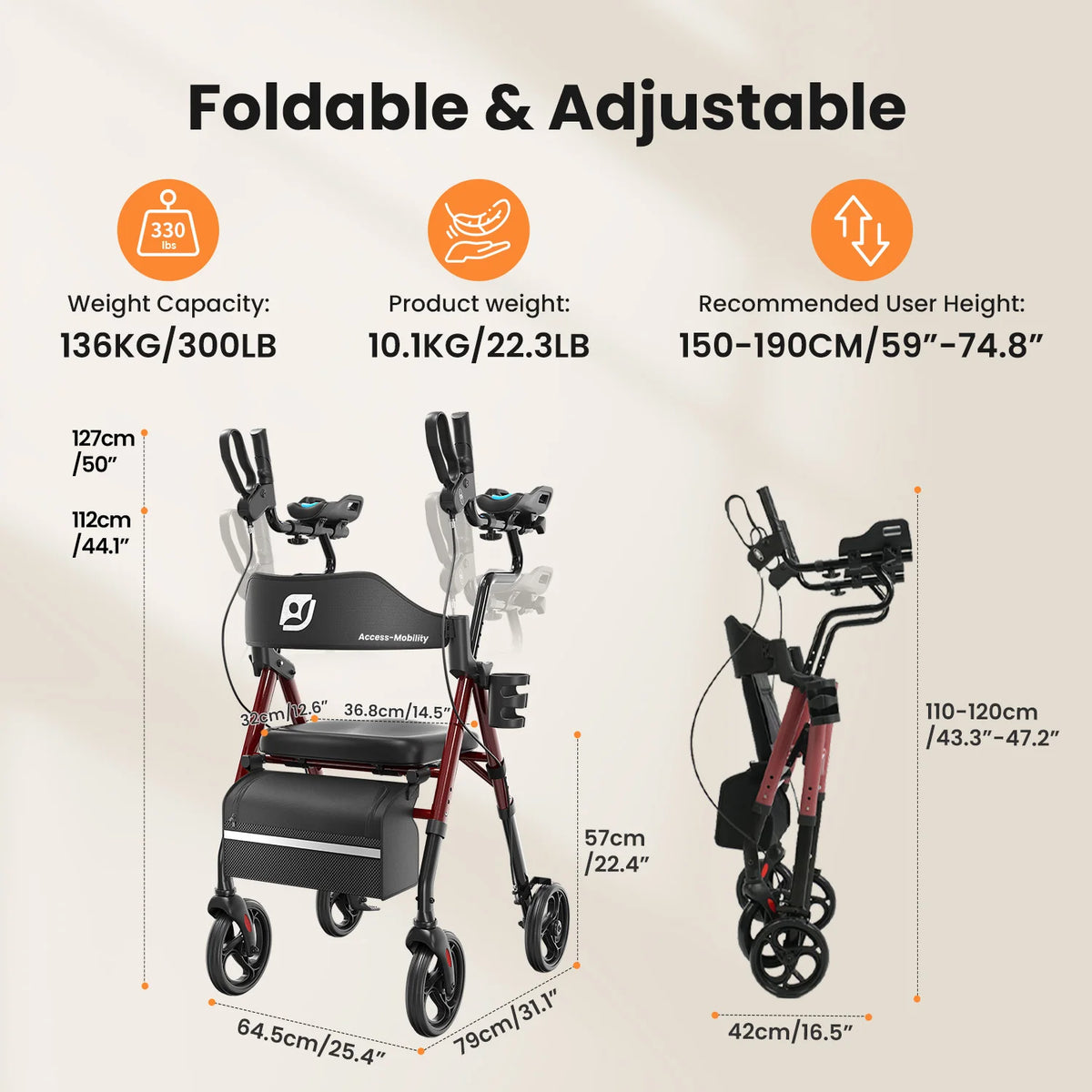 Upright walker with PU padded seat and backrest, stand-up rollator for seniors, foldable walker with seat, seat size: 10*12