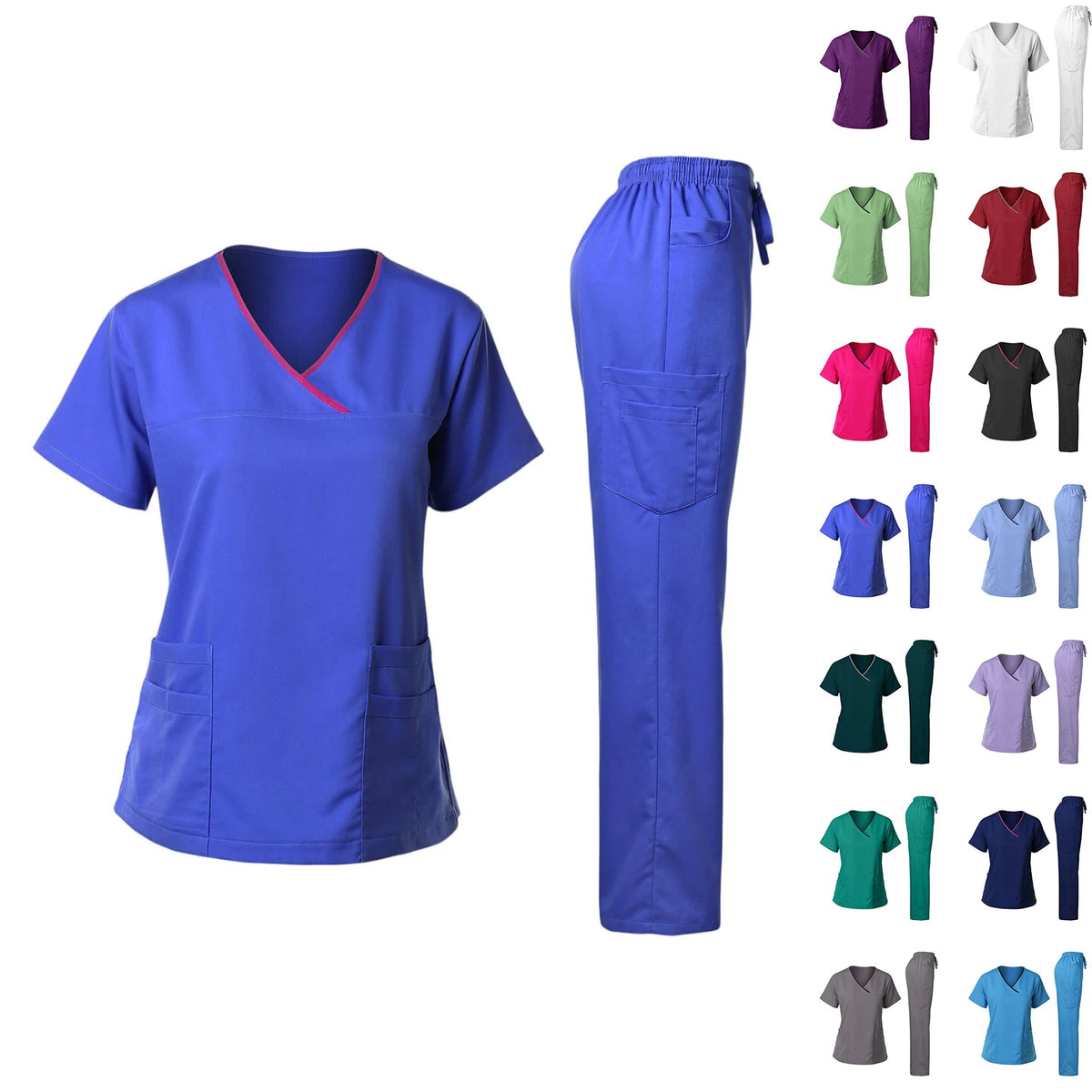 Women's Nurse Scrub Set V-Neck Short Sleeve Multi-Color Contrast Trim Multi-Pocket Long Pants Medical Cozy Professional Workwear