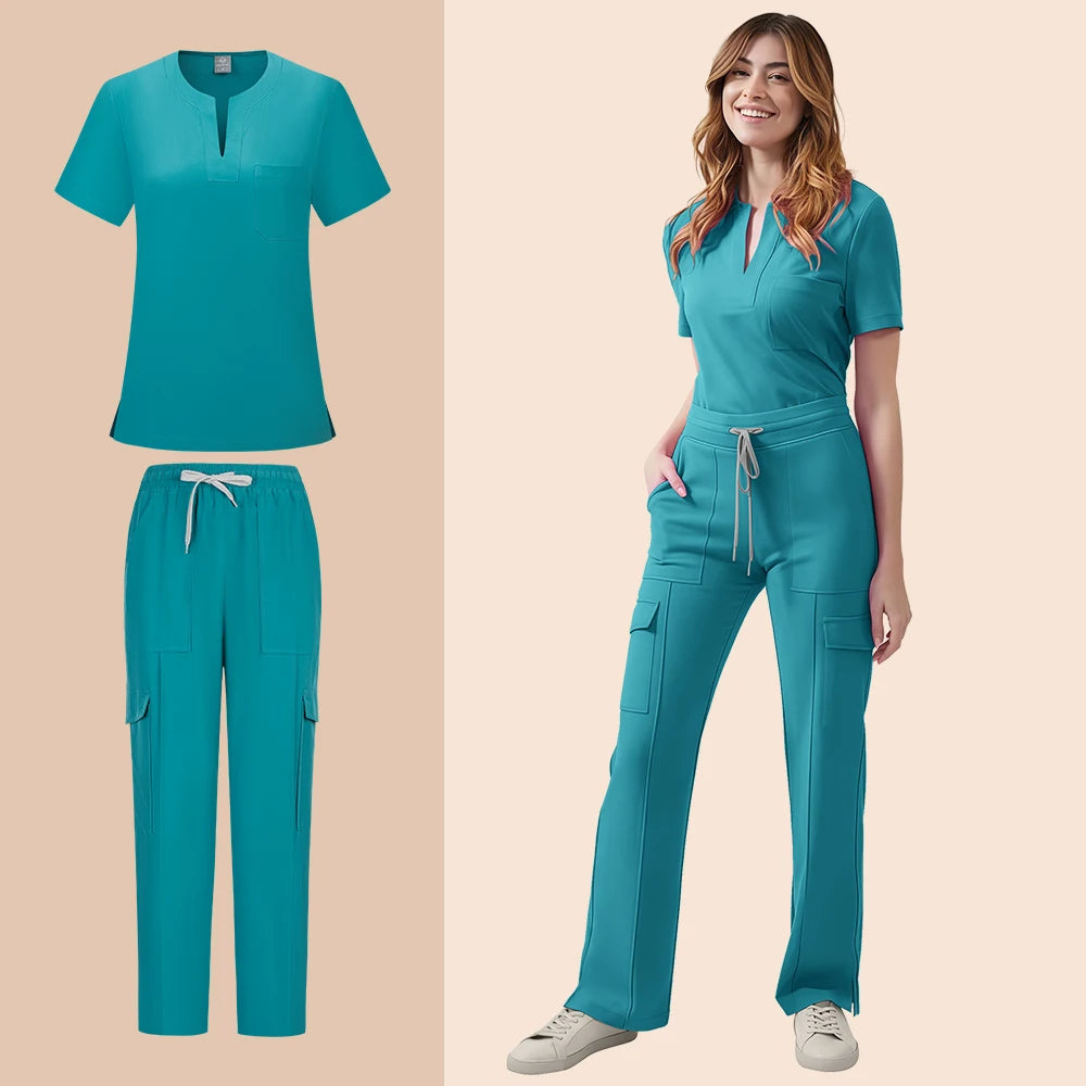 Medical Scrubs Uniform Women Nurse Scrub Set Pocket Top+Pants 2 Piece Suit Nursing Operating Room Clothes Beauty Salon Work Wear