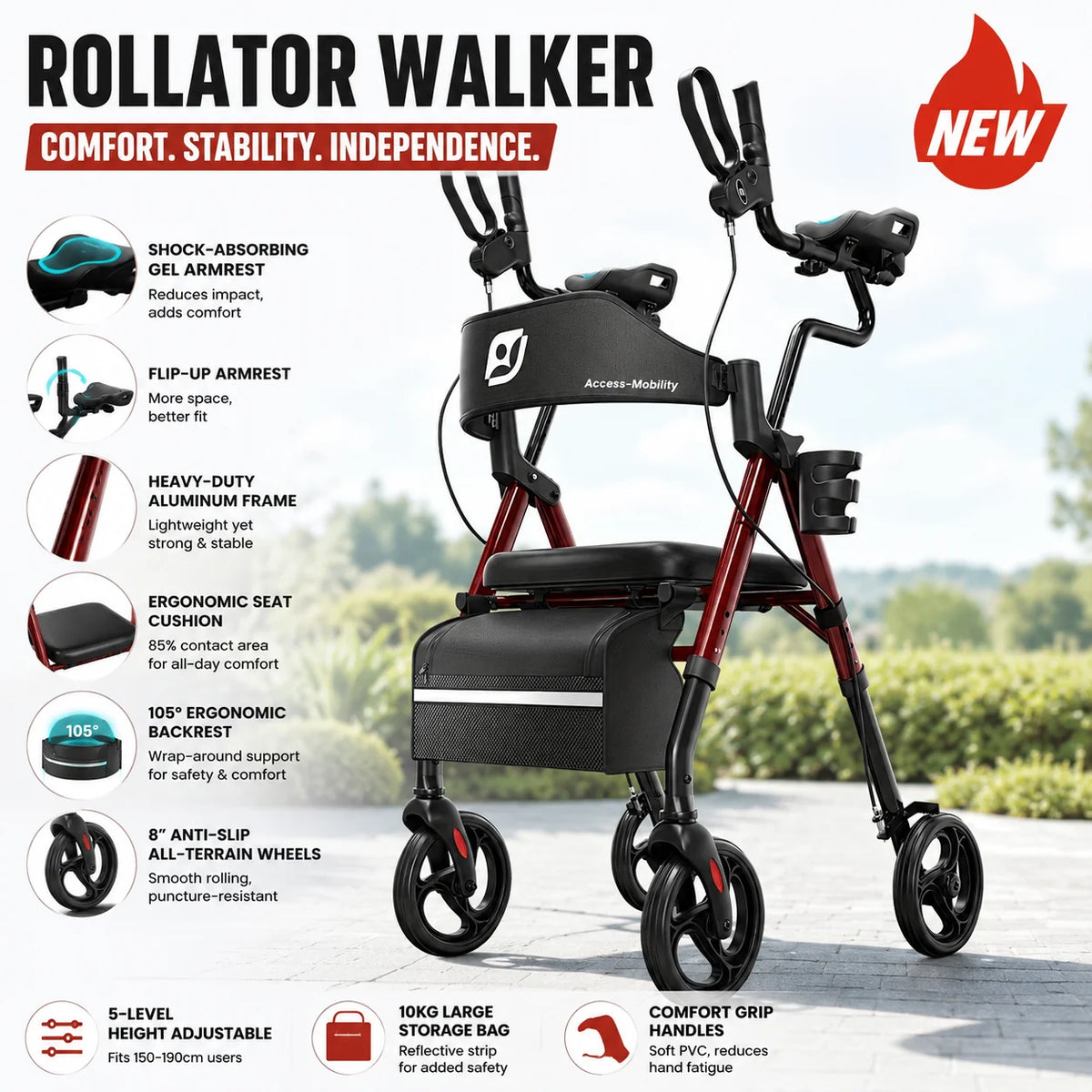 Upright walker with PU padded seat and backrest, stand-up rollator for seniors, foldable walker with seat, seat size: 10*12