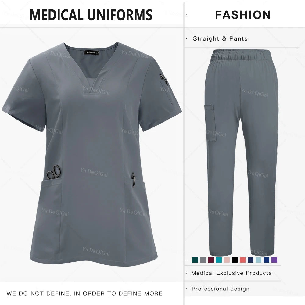 Newest Nursing Clothing Pink Blue Doctor Nurse Uniforms Women Men Scrubs Sets Medical Surgical Tops Pants Beauty Salon Workwear