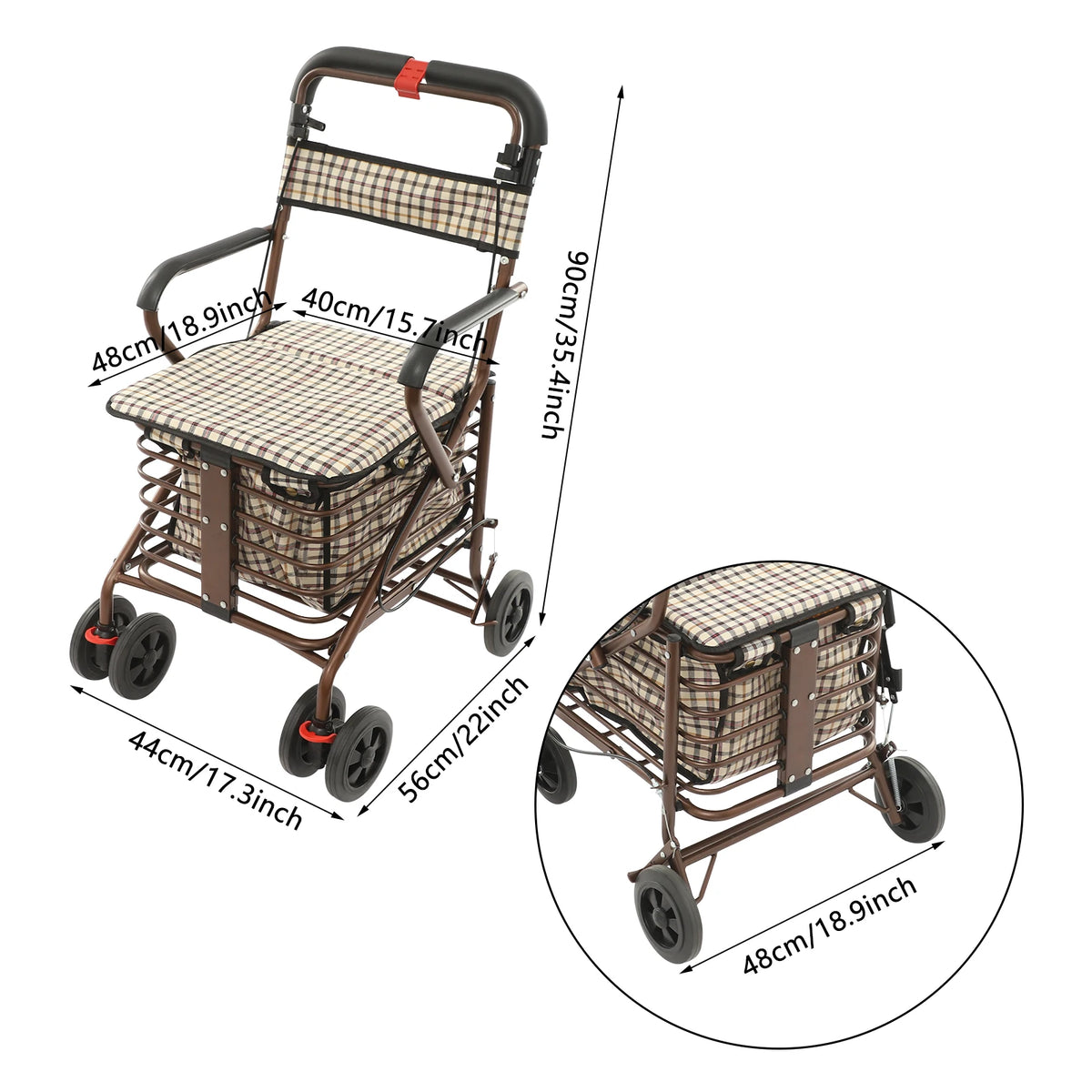 Foldable Rolling Walker with Seat for Seniors Storage Cart for Olders with Seat