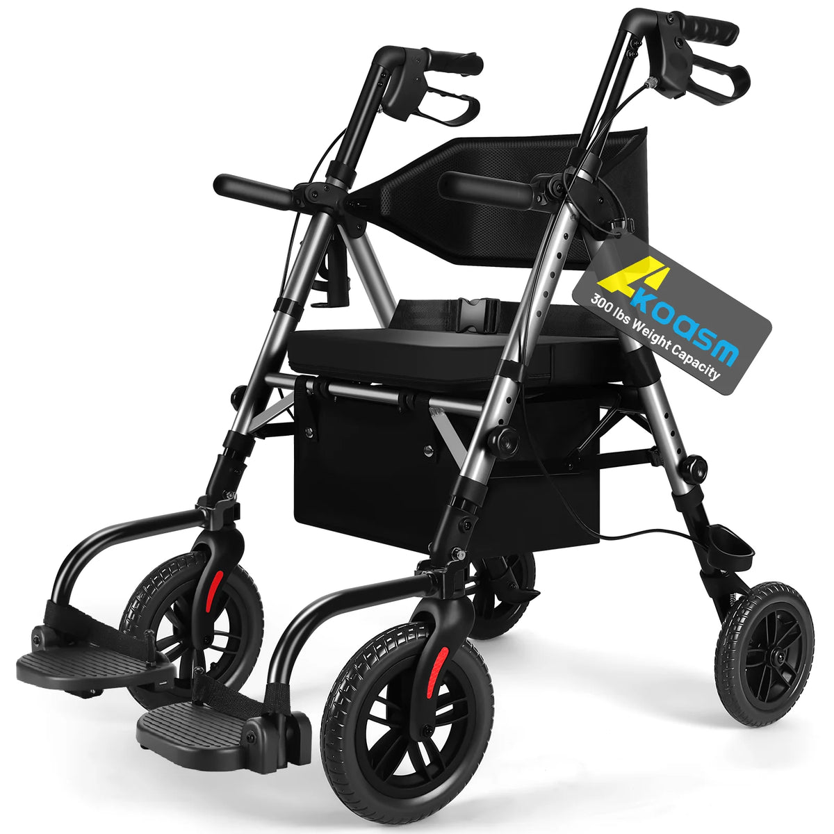Lightweight 2 in 1 Rolling Walkers Wheelchair Combo for Adult, Transport Chair with Brakes, Adjustable Seat & Handle, 300lbs