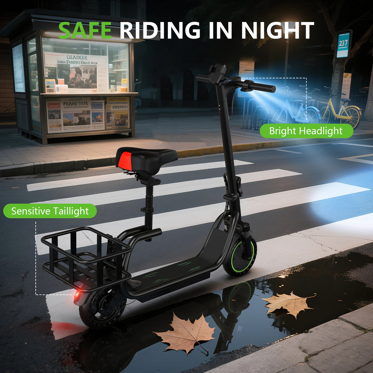 Electric Scooter With Seat And Basket Foldable LED Lights