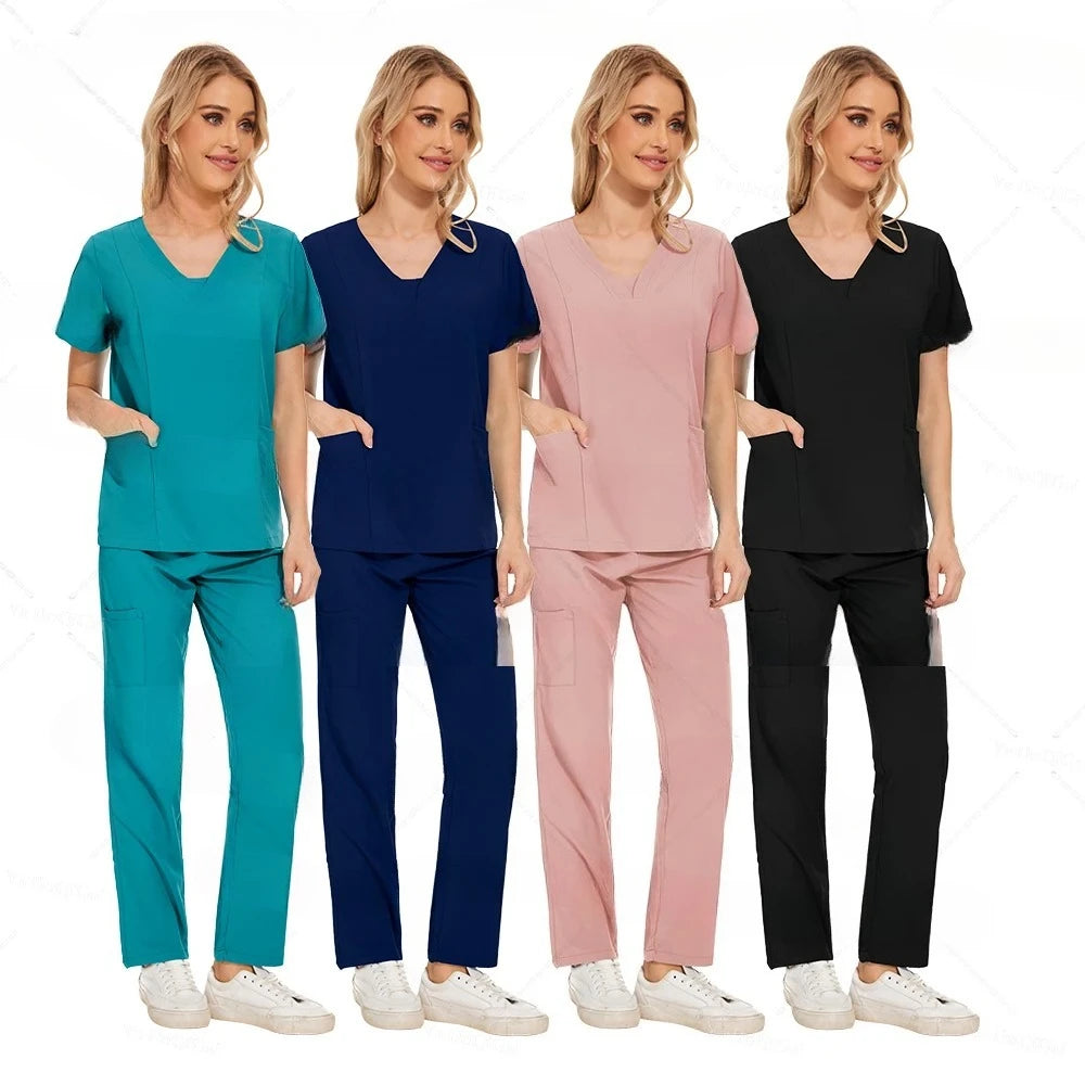 Newest Nursing Clothing Pink Blue Doctor Nurse Uniforms Women Men Scrubs Sets Medical Surgical Tops Pants Beauty Salon Workwear