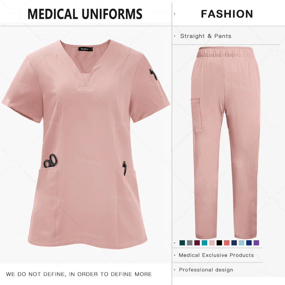 Newest Nursing Clothing Pink Blue Doctor Nurse Uniforms Women Men Scrubs Sets Medical Surgical Tops Pants Beauty Salon Workwear