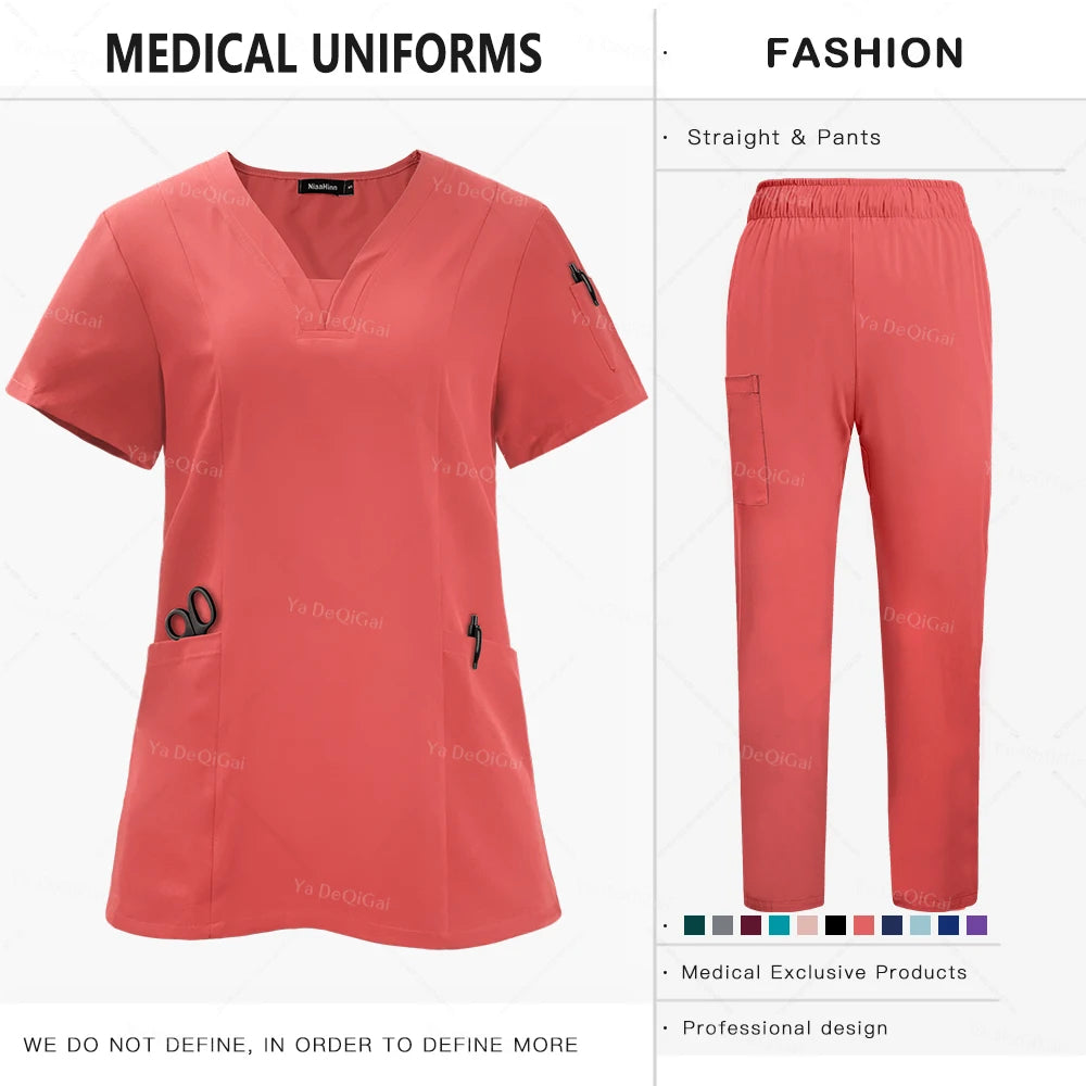 Newest Nursing Clothing Pink Blue Doctor Nurse Uniforms Women Men Scrubs Sets Medical Surgical Tops Pants Beauty Salon Workwear