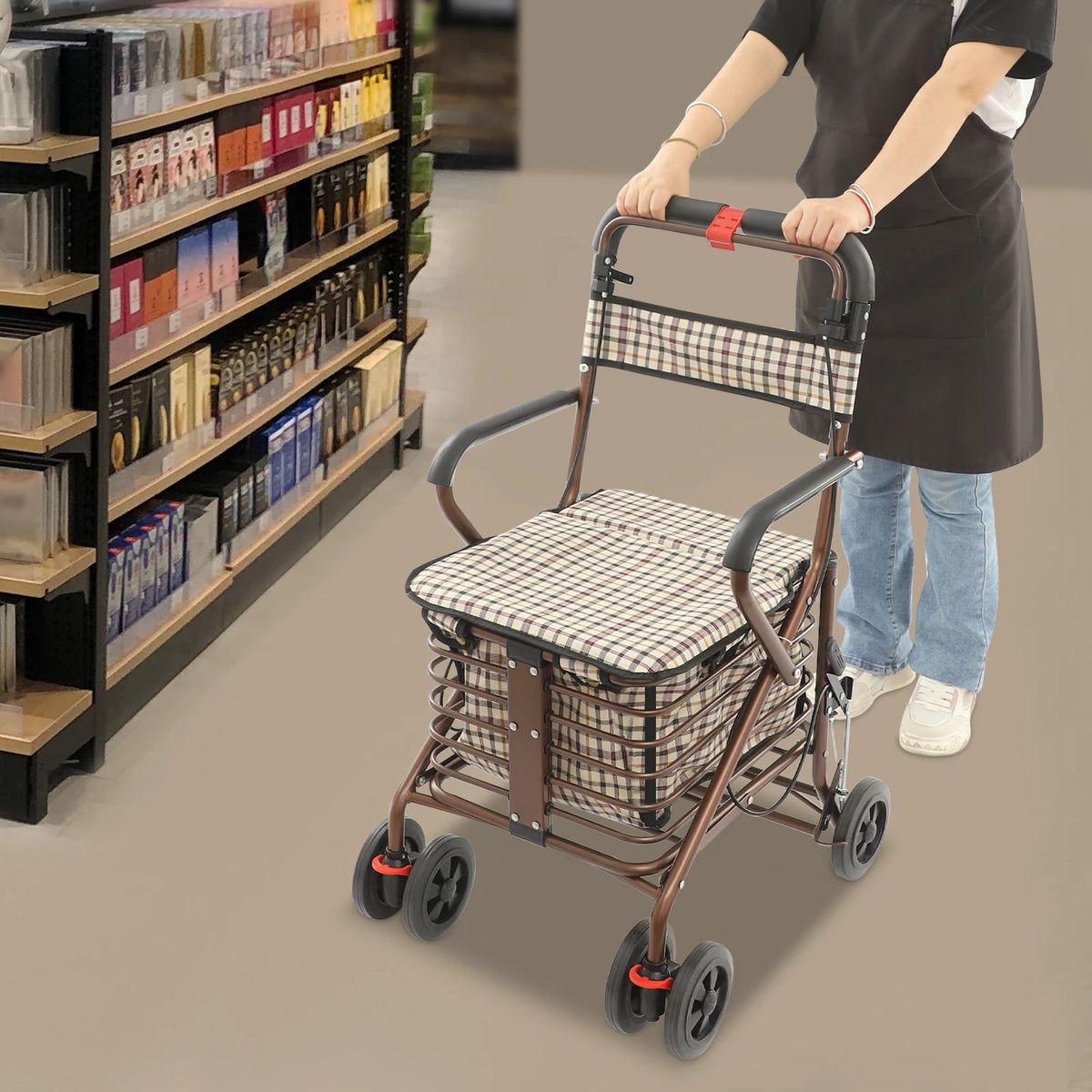 Foldable Rolling Walker with Seat for Seniors Storage Cart for Olders with Seat