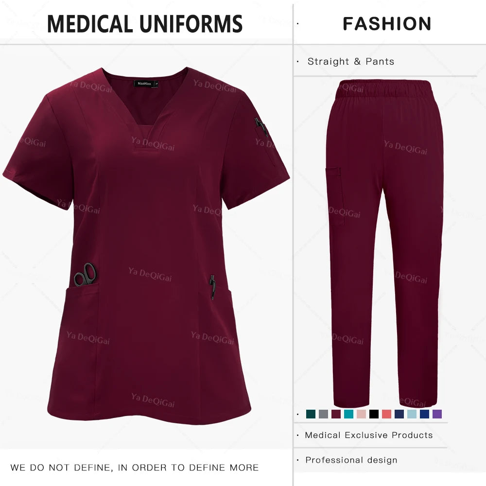 Newest Nursing Clothing Pink Blue Doctor Nurse Uniforms Women Men Scrubs Sets Medical Surgical Tops Pants Beauty Salon Workwear