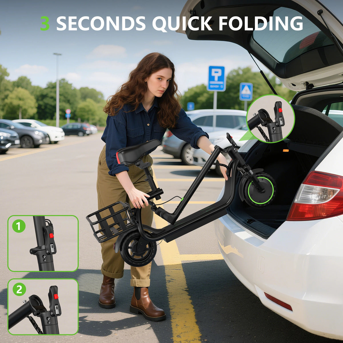 Electric Scooter With Seat And Basket Foldable LED Lights