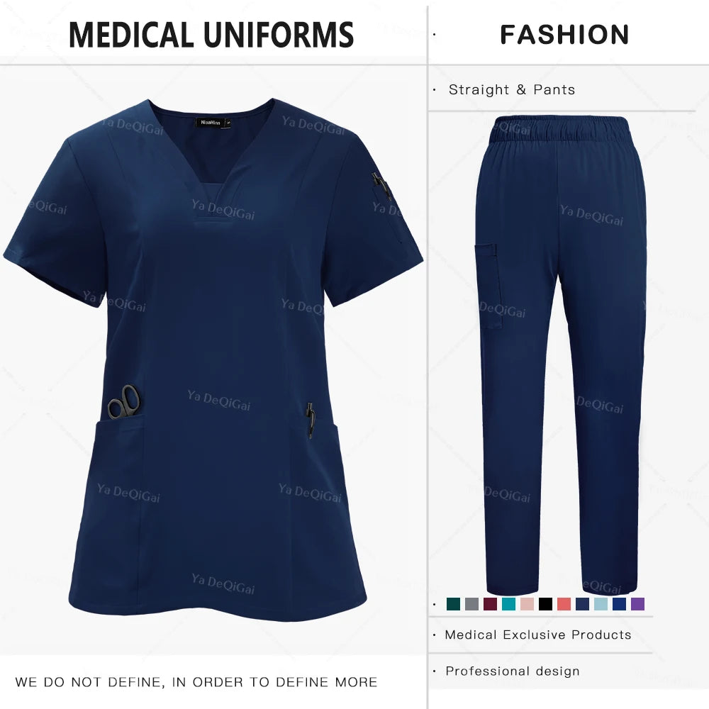 Newest Nursing Clothing Pink Blue Doctor Nurse Uniforms Women Men Scrubs Sets Medical Surgical Tops Pants Beauty Salon Workwear