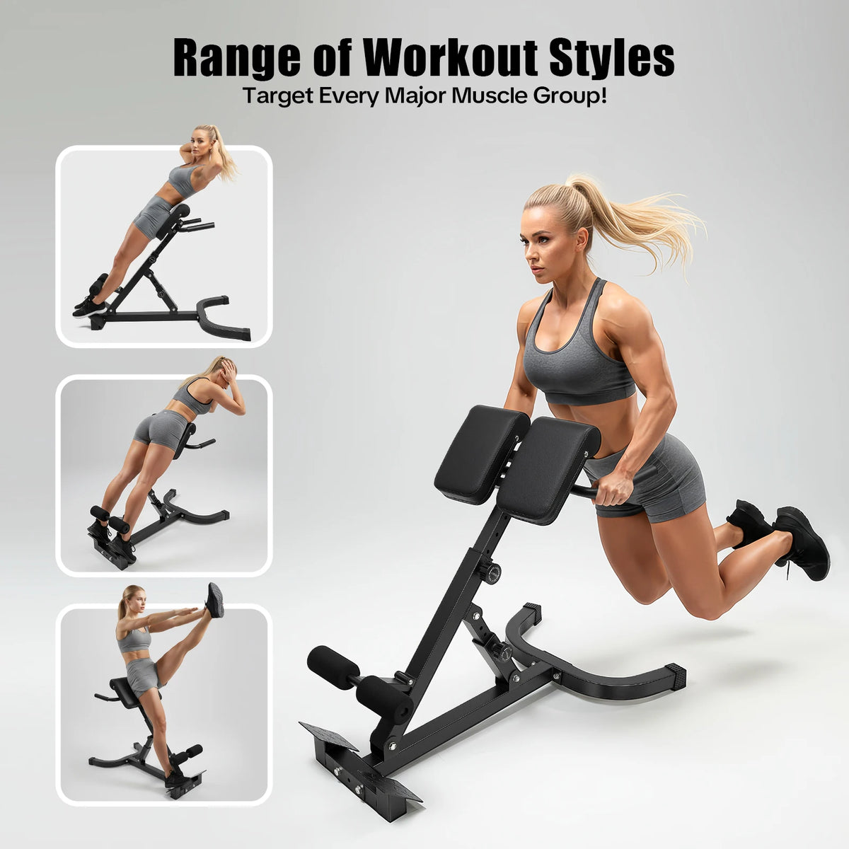 Back Extension Roman Chair Steel Frame Foldable Hyperextension Bench 5 Incline Angles 8 Adjustable Abdominal Pad Length 150Kg Load Capacity Multi-functional Core Workout Bench Anti-slip Handle Pedal Home Gym Fitness Equipment