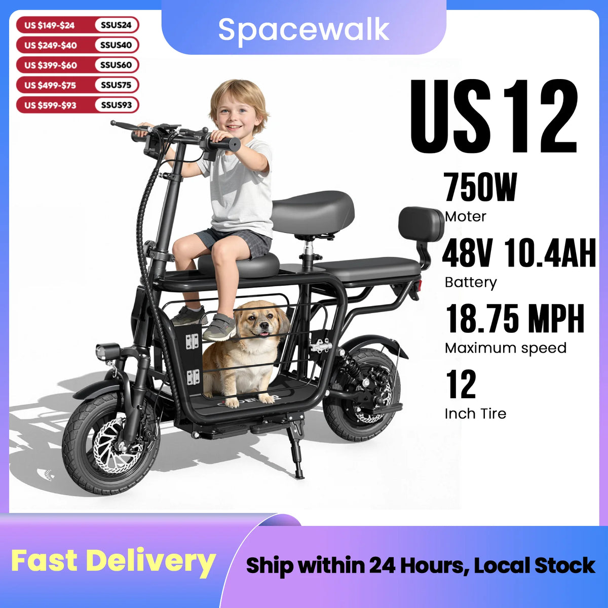 Eilleo Spacewalk 750W Electric Scooter With Large Pet Basket