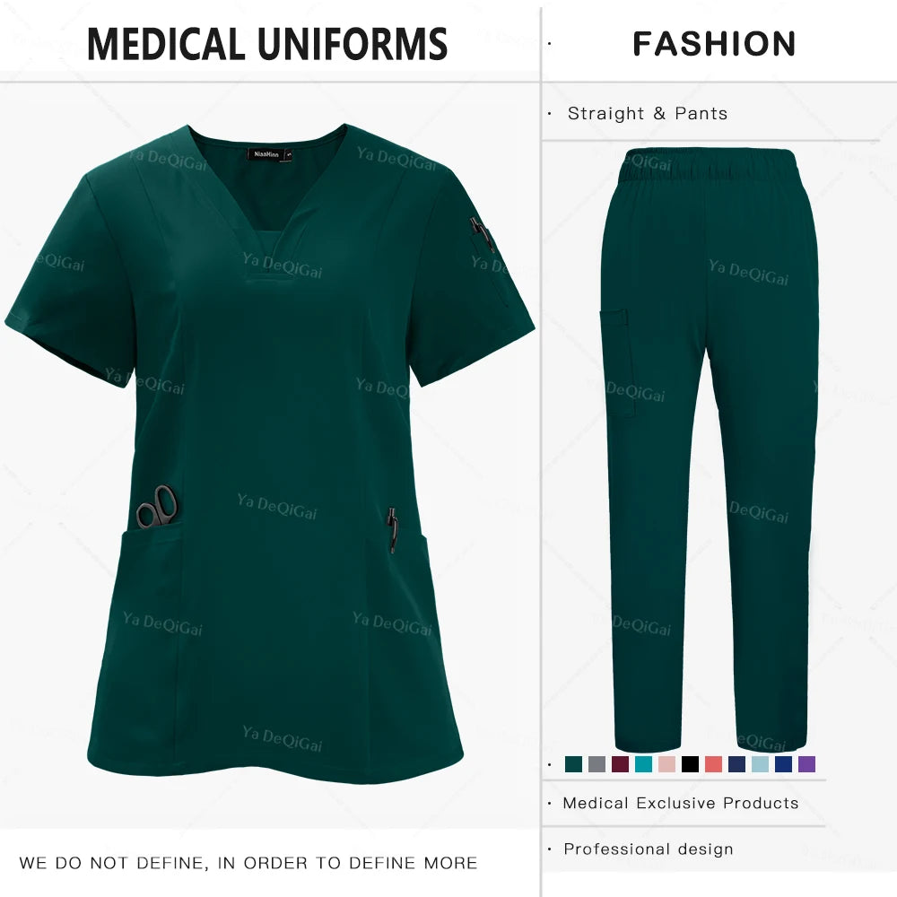Newest Nursing Clothing Pink Blue Doctor Nurse Uniforms Women Men Scrubs Sets Medical Surgical Tops Pants Beauty Salon Workwear