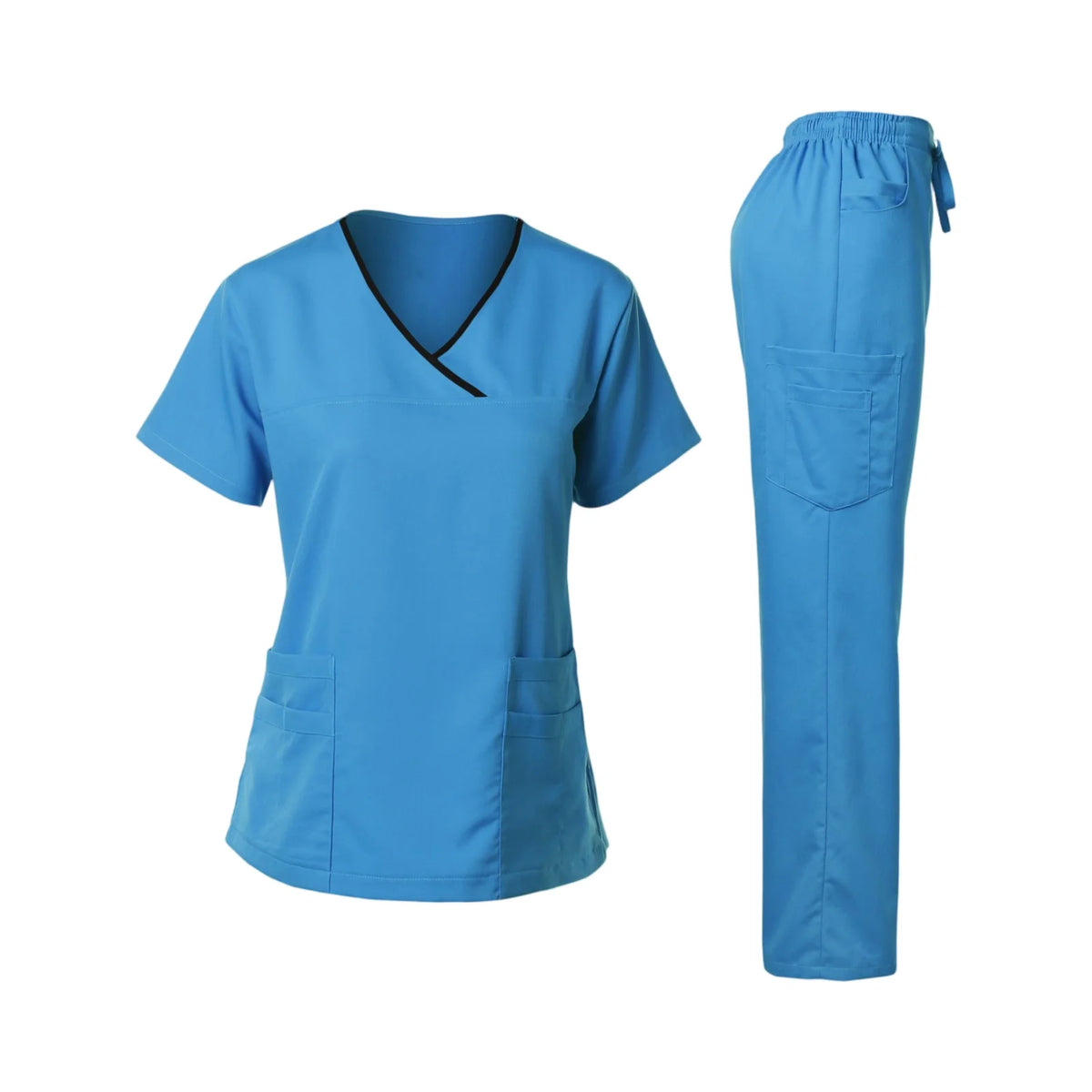 Women's Nurse Scrub Set V-Neck Short Sleeve Multi-Color Contrast Trim Multi-Pocket Long Pants Medical Cozy Professional Workwear