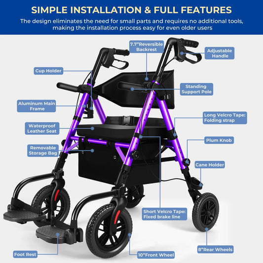 Lightweight 2 in 1 Rolling Walkers Wheelchair Combo for Adult, Transport Chair with Brakes, Adjustable Seat & Handle, 300lbs