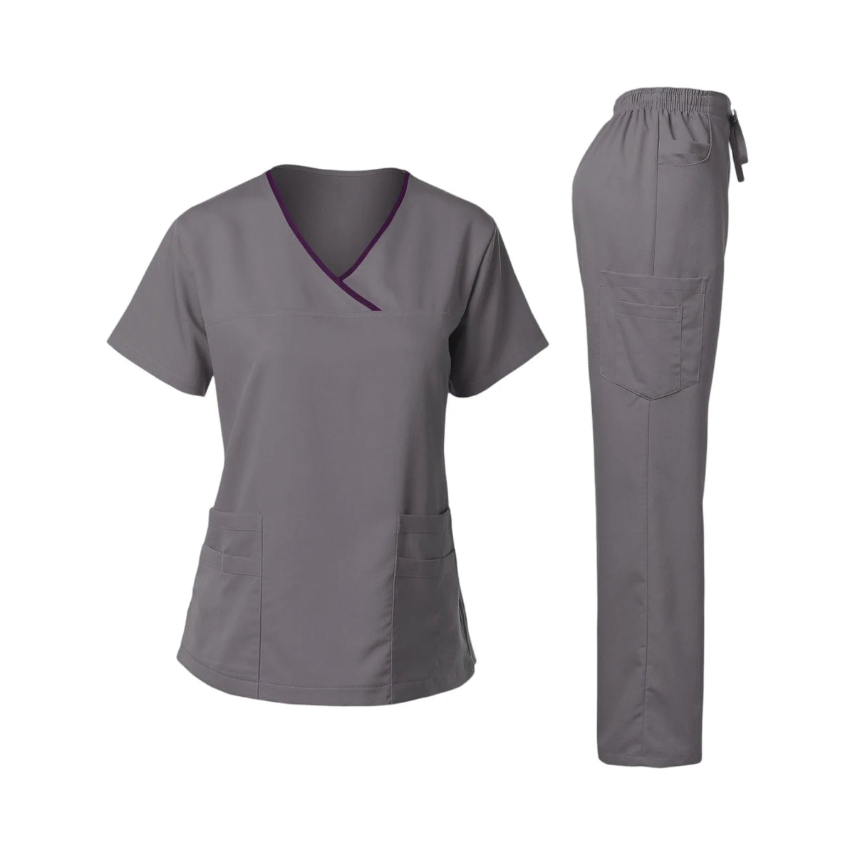 Women's Nurse Scrub Set V-Neck Short Sleeve Multi-Color Contrast Trim Multi-Pocket Long Pants Medical Cozy Professional Workwear