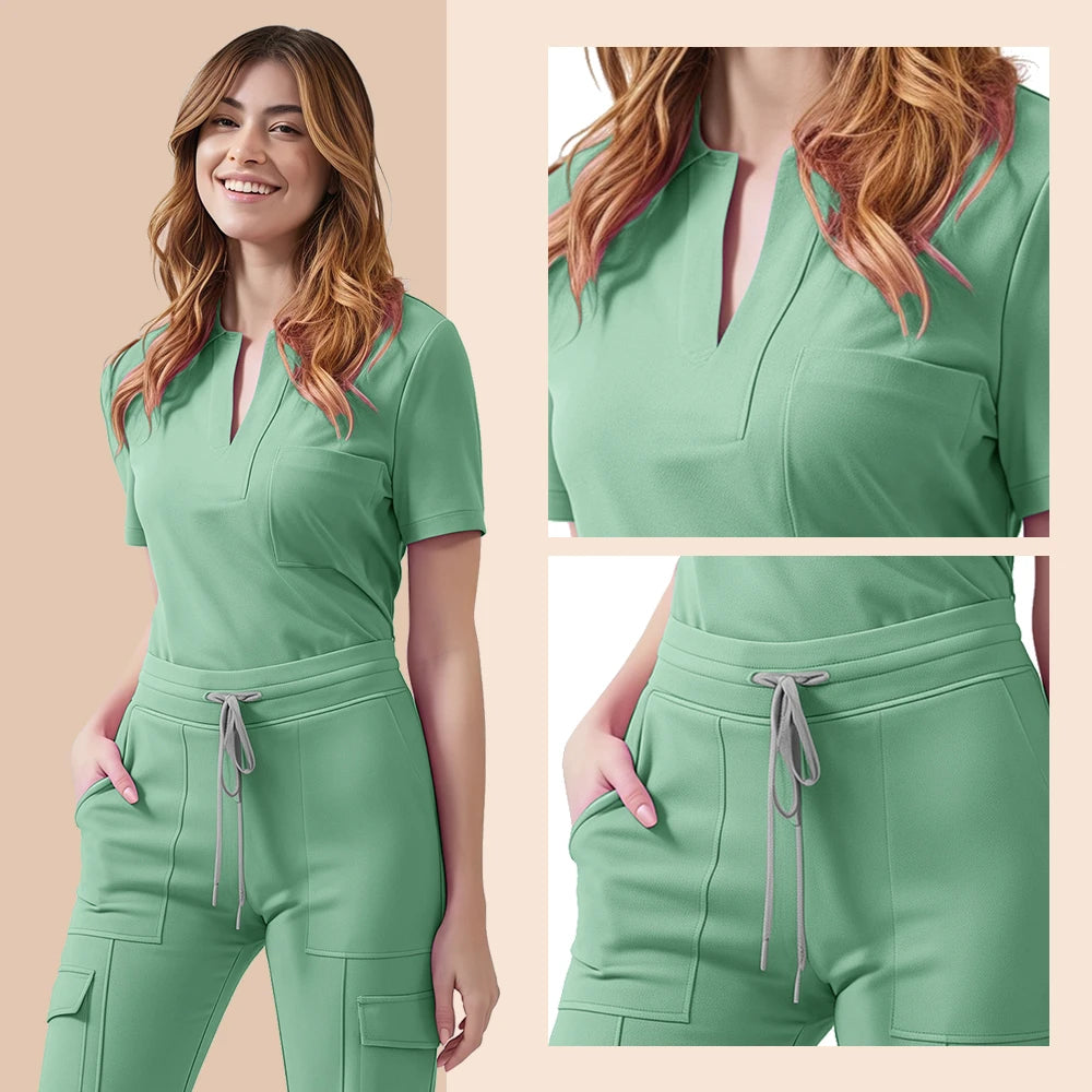 Medical Scrubs Uniform Women Nurse Scrub Set Pocket Top+Pants 2 Piece Suit Nursing Operating Room Clothes Beauty Salon Work Wear