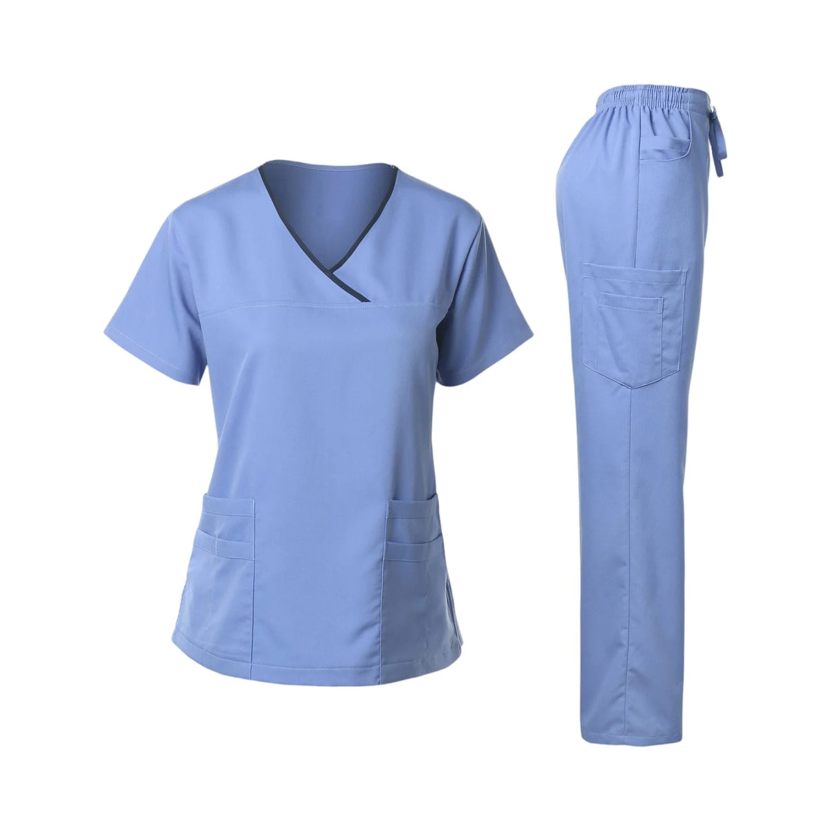 Women's Nurse Scrub Set V-Neck Short Sleeve Multi-Color Contrast Trim Multi-Pocket Long Pants Medical Cozy Professional Workwear