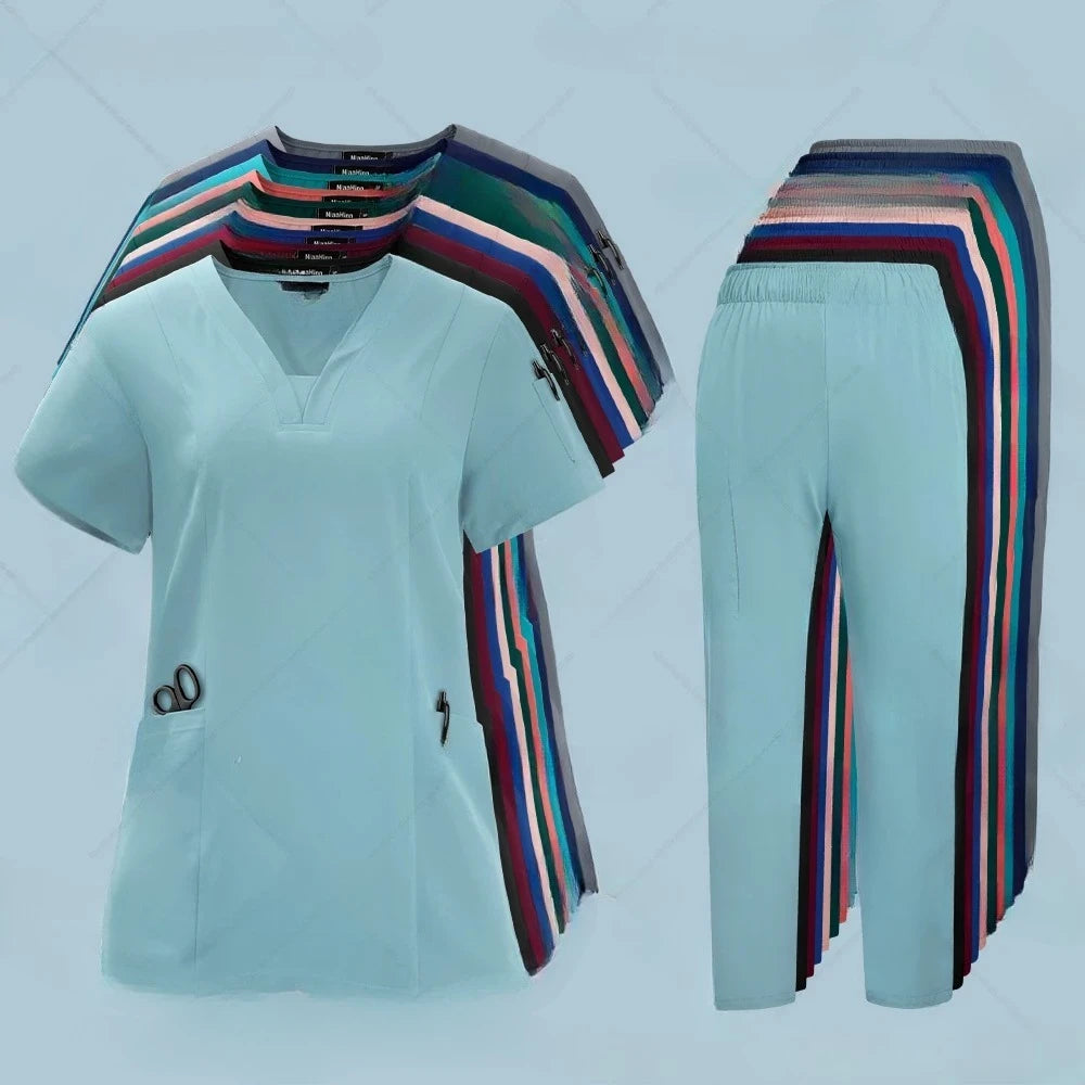 Newest Nursing Clothing Pink Blue Doctor Nurse Uniforms Women Men Scrubs Sets Medical Surgical Tops Pants Beauty Salon Workwear