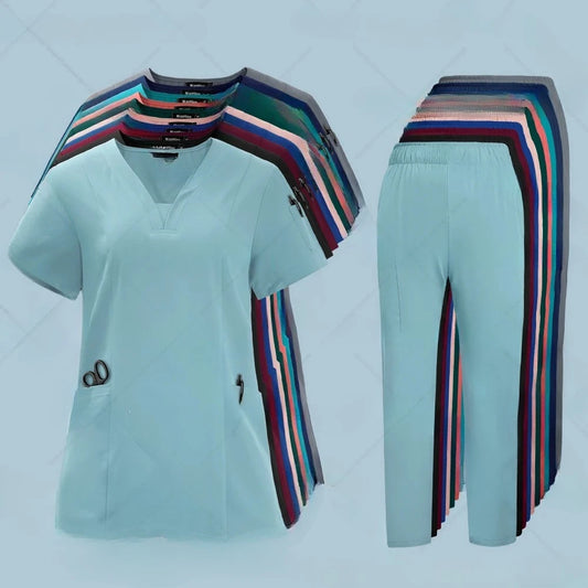 Newest Nursing Clothing Pink Blue Doctor Nurse Uniforms Women Men Scrubs Sets Medical Surgical Tops Pants Beauty Salon Workwear