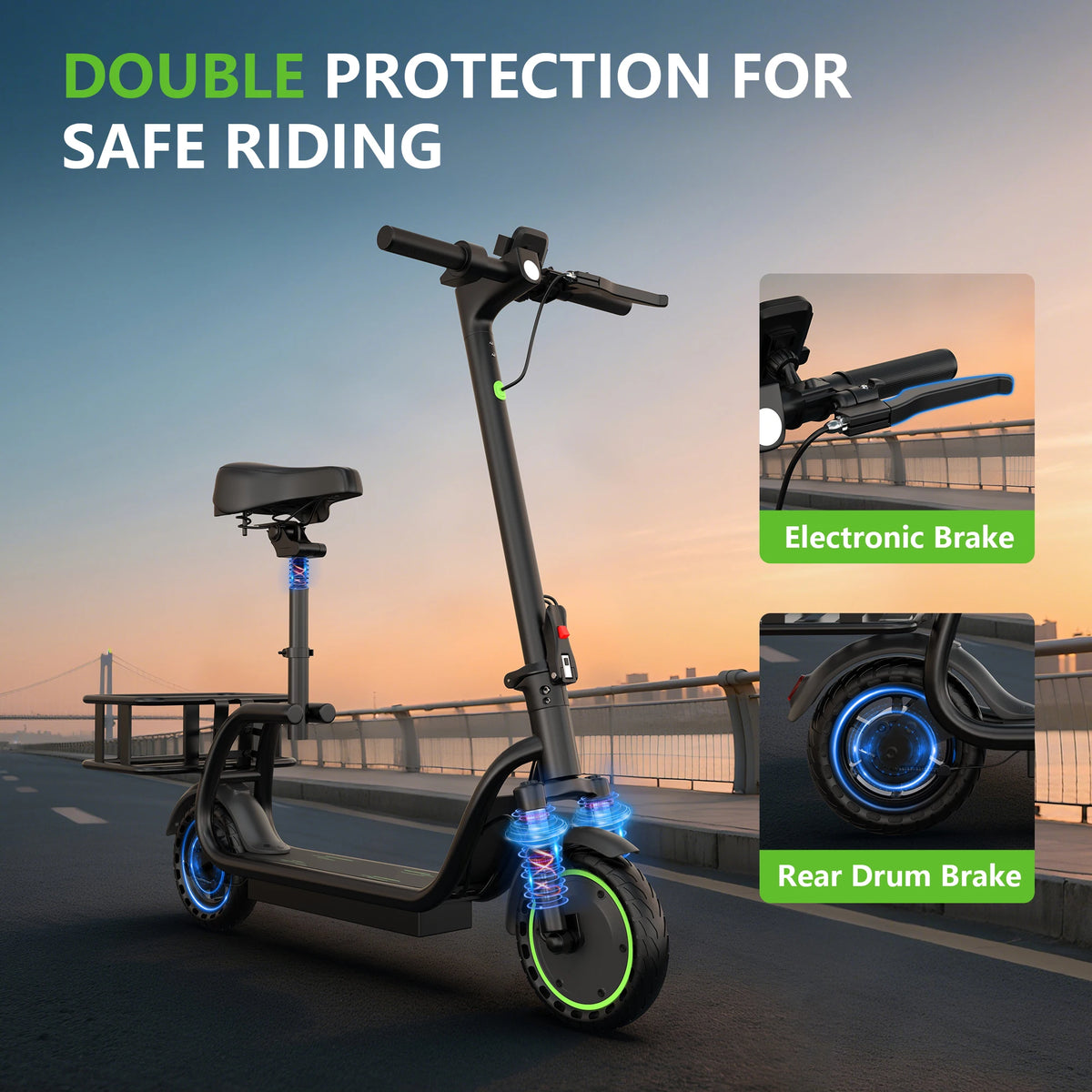 Electric Scooter With Seat And Basket Foldable LED Lights