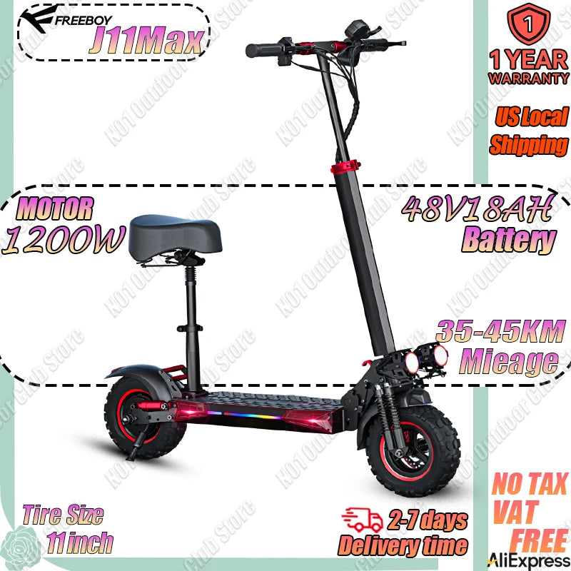 J11MAX Electric Scooter 1200W Motor 48V 18Ah Battery Folding Off Road