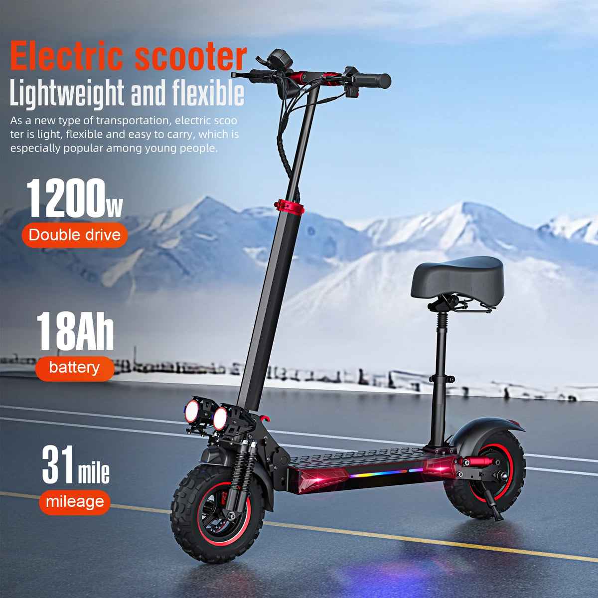J11MAX Electric Scooter 1200W Motor 48V 18Ah Battery Folding Off Road
