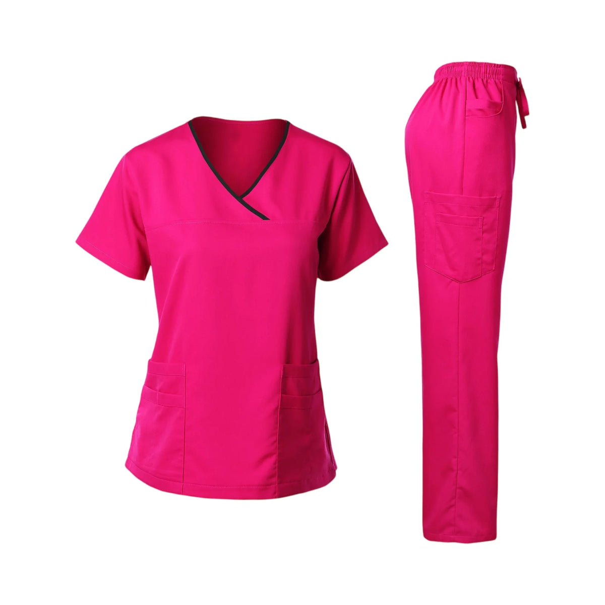 Women's Nurse Scrub Set V-Neck Short Sleeve Multi-Color Contrast Trim Multi-Pocket Long Pants Medical Cozy Professional Workwear