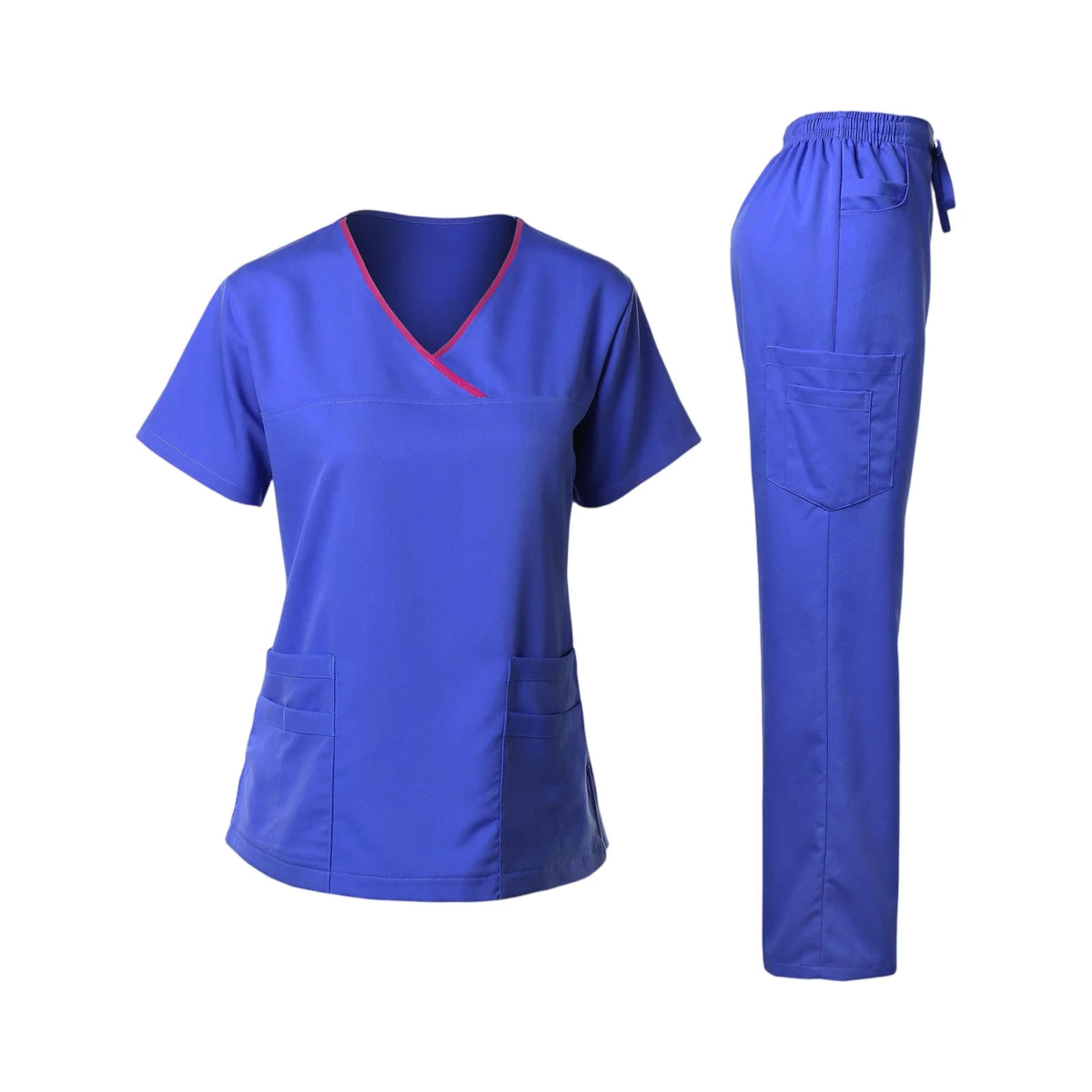 Women's Nurse Scrub Set V-Neck Short Sleeve Multi-Color Contrast Trim Multi-Pocket Long Pants Medical Cozy Professional Workwear