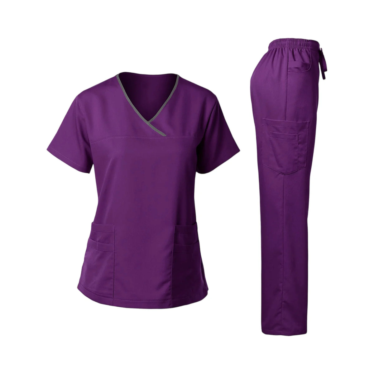Women's Nurse Scrub Set V-Neck Short Sleeve Multi-Color Contrast Trim Multi-Pocket Long Pants Medical Cozy Professional Workwear
