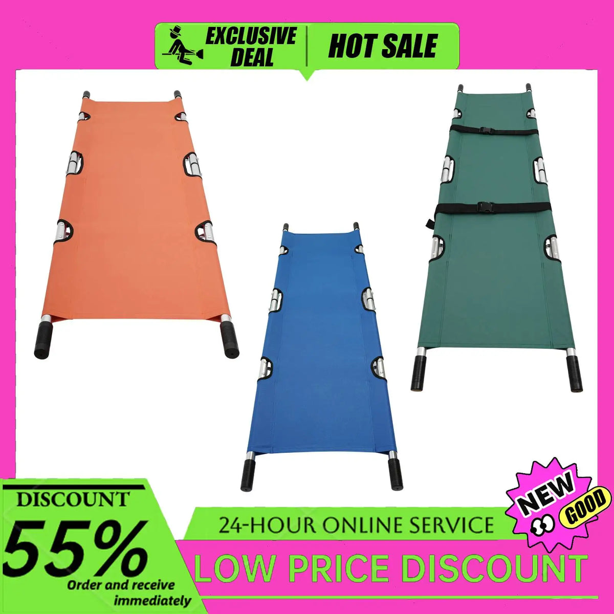 Foldable Medical Emergency Stretcher Portable Patient Transport Stretcher with Safety Belts 350LBS Capacity