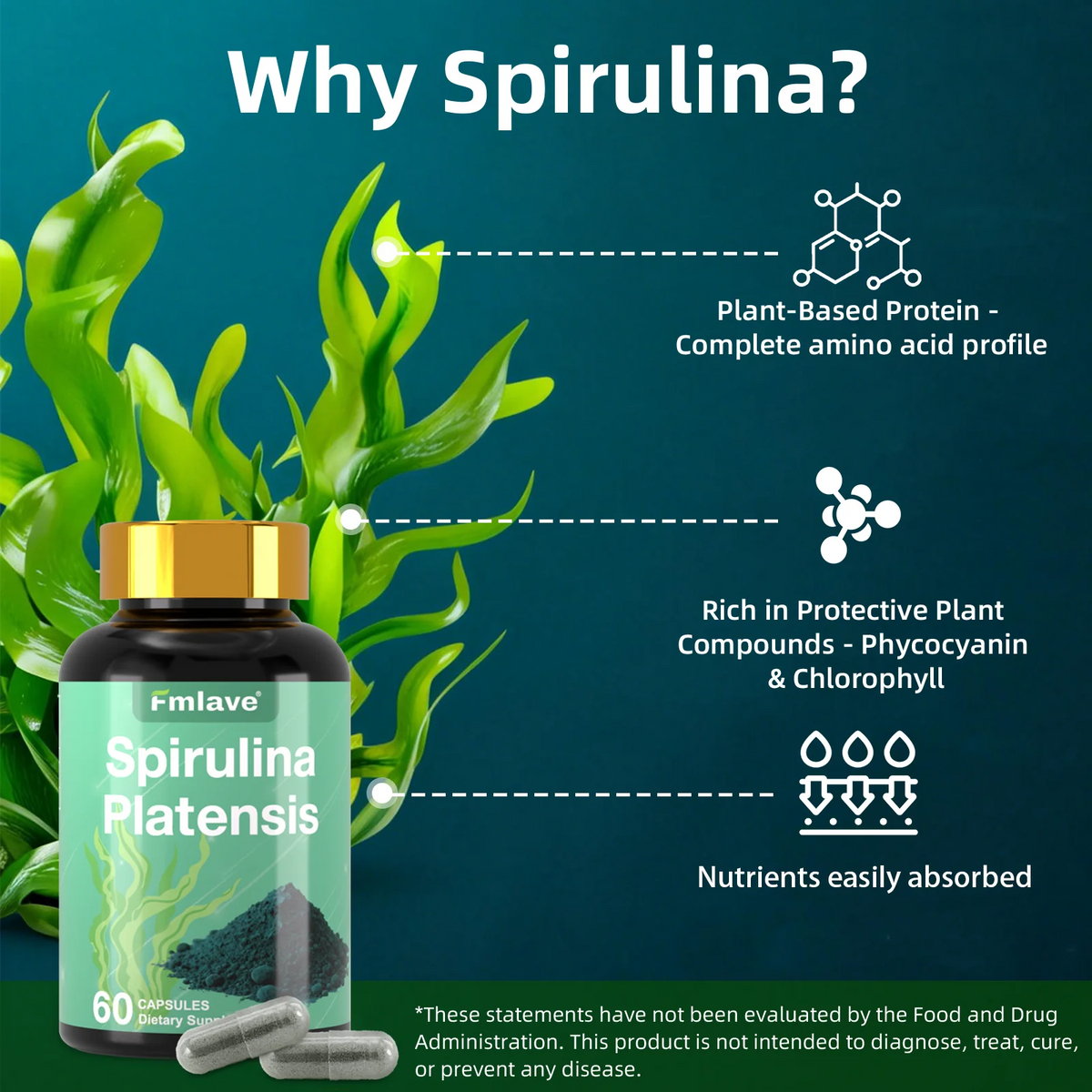 FMLAVE Organic Spirulina Blue Green Algae Supplement Energy Support
